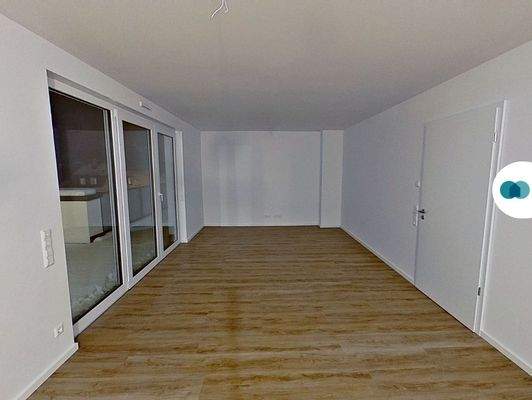 Ansicht I: Wohn- und Esszimmer  mit offenem Küchenbereich