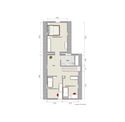 Grundriss Dachgeschoss (nicht maßstabsgerecht, Möblierungsbeispiel)