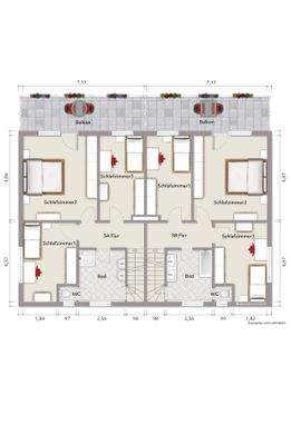 Grundriss Obergeschoss (nicht maßstabsgerecht, Möblierungsbeispiel)