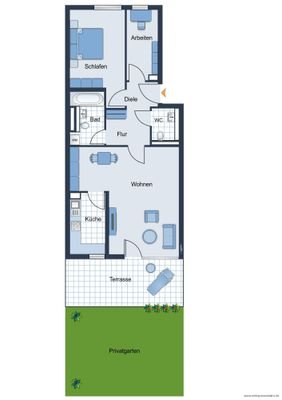 Grundrissskizze der Wohnung - nicht maßstabsgetreu - Möbilierung dient lediglich zur Veranschaulichung und ist nicht unbedingt Bestandteil der Wohnung