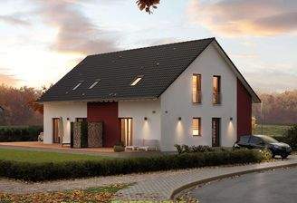 Frontale Ansicht eines modernen massa haus Fertighauses, das als Mehrgenerationenhaus mit zwei separ