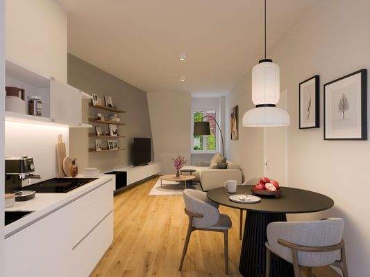 Visualisierung Wohn- und Essbereich mit offener Küche DG