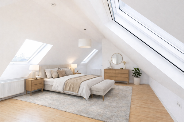 Tolles Schlafzimmer mit Ankleide und Luxusbadezimmer en-suite im oberen Dachgeschoss (KI generiert)
