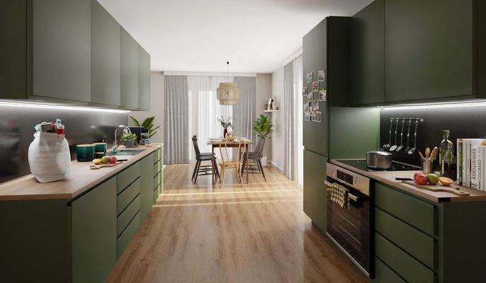 Die offene Wohnküche lädt zum gemeinsamen Kochen e