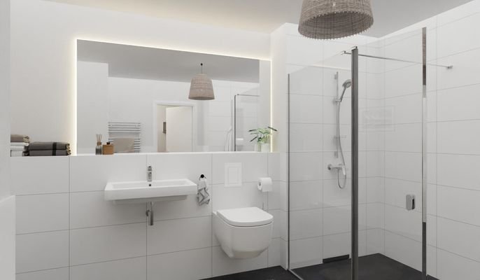 Ein modern gefliestes Badezimmer mit bodengleicher Dusche