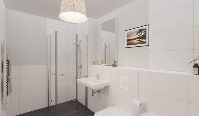 Modern gefliestes Badezimmer mit bodengleicher Dusche und Badewanne