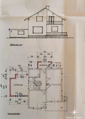 Südansicht und Grundriss EG + Garage