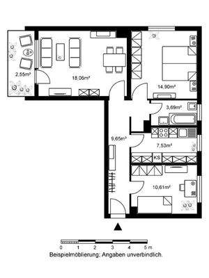 Grundriss mit ca 2,55m² Balkon, ca 18,06 m² Wohnzimmer, ca 14,90m² Schlafzimmer, ca 3,69m² Bad, ca 7,53m² Küche, ca 10,61m² Kinderzimmer und ca 9,65m² Flur
