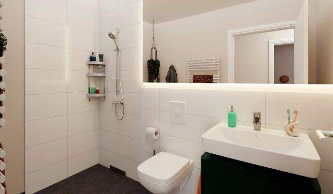 Ein modern gefliestes Badezimmer