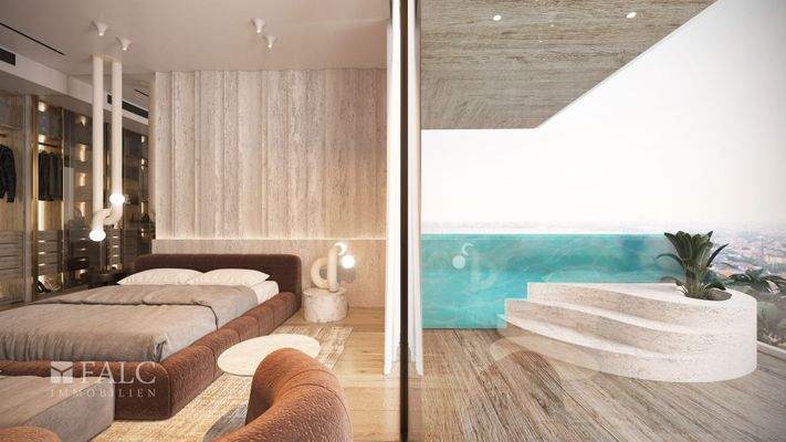 Schlafzimmer mit Balkon und Pool