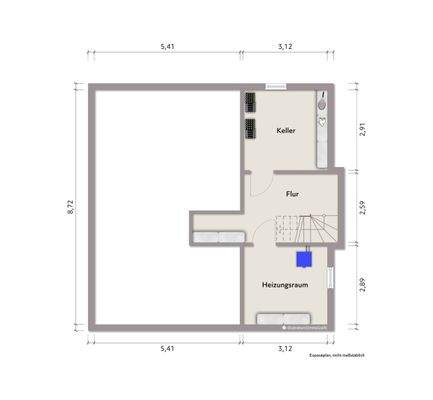 Grundriss Kellergeschoss (nicht maßstabsgerecht, Möblierungsbeispiel)