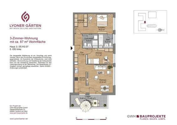 Grundriss mit Flur (7,7 m²), Bad (5,3 m²), Duschbad (5,5 m²), offene Küche (8,9 m²), Wohnzimmer (21,8 m²), Schlafzimmer (16,2 m²), Kinderzimmer (11.1 m²) und Loggia (6,44 m²)