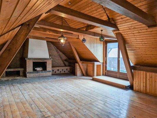 Wohnbereich mit Kamin und Zugang zur Dachterrasse im OG