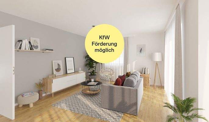 Visualisierung des Wohnzimmers des Einfamilienhauses_KfW