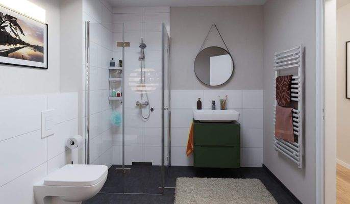 Modern gefliestes Badezimmer mit bodengleicher Dus