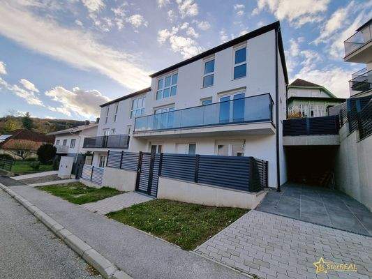 Ansicht mit Carport/Garage