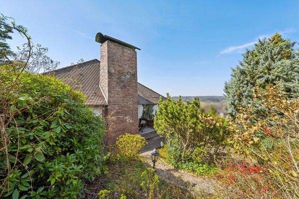 Exklusive Gartenansicht mit überdachter Terrasse und Kamin