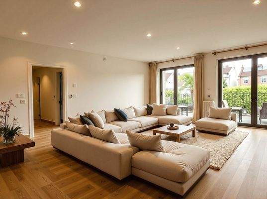 Lichtdurchflutetes Wohnzimmer mit bodentiefen Fenstern und elegantem Parkettboden - Ihr neues Zuhause mit Balkon und durchdachter Raumaufteilung!