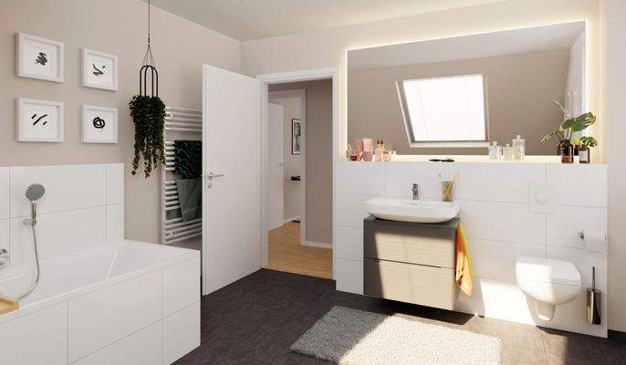 Modern gefliestes Bad mit Badewanne und Dusche