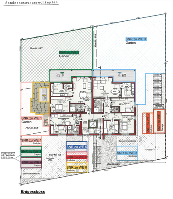 Aufteilung mit Stellplätzen und Gartenanteilen 