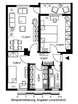 Grundriss mit Flur (5,04 m²), Tageslichtbad (3,43 m²), Küche (4,99 m²), Wohnzimmer (17,44 m²), Schlafzimmer (13,89 m²), Kinderzimmer (9,86 m²) und Balkon