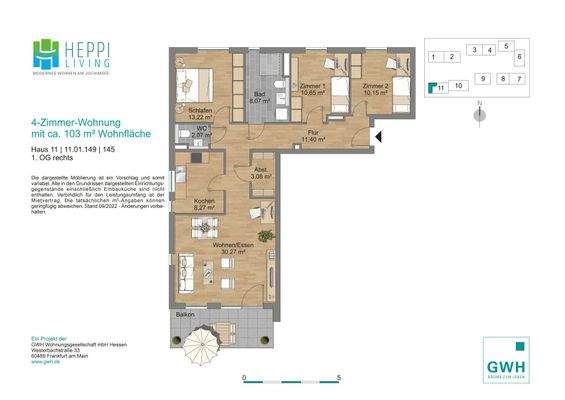 Grundriss mit Flur (11,40 m²), Tageslichtbad (8,07 m²), WC (2,07 m²), Küche (8,27 m²), Wohn-/Esszimmer (30,27 m²), Schlafzimmer (13,22 m²), Kinderzimmer 1 (10,65 m²), Kinderzimmer 2 (10,15 m²), Abstellraum (3,08 m²) und Balkon