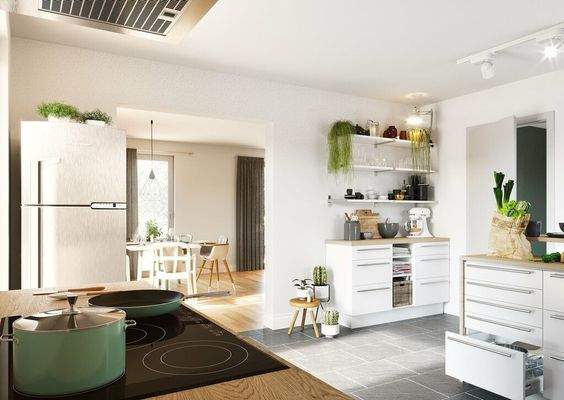 Moderne, helle Küche mit klarer Gestaltung – funktional, zeitlos und ideal für gemeinsames Kochen.