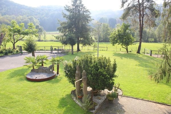 Blick von der Terrasse in den Garten und die Natur