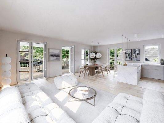 Großzügiger Wohn-Essbereich mit Balkon in Südausrichtung (Visualisierung)