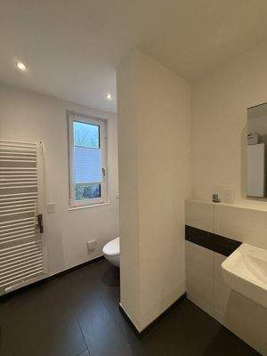 Großes Bad mit Dusche, Badewanne und Fenster