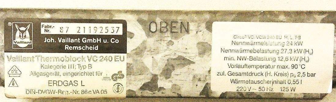 Vaillant Thermoblock VC 240 EU / Typenschild