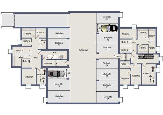 Grundriss Tiefgarage mit Keller in 2D