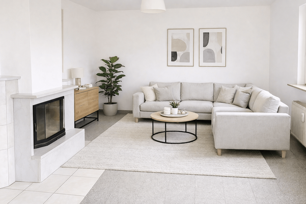 Wohnzimmer mit gemütlichem Kamin EG- Beispieleinrichtung