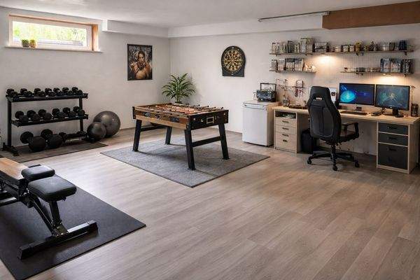 KI-generiertes Wohnbeispiel Keller Hobbyraum