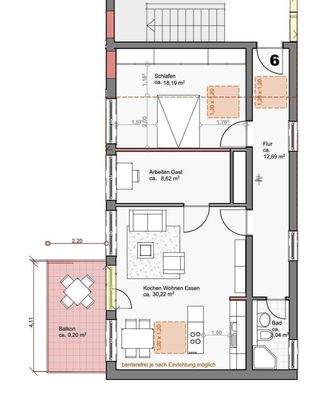 Grundriss 2,5-Zimmer-Wohnung mit Balkon im 1.OG
