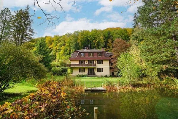 Ansicht vom Garten aus mit Schwimmteich