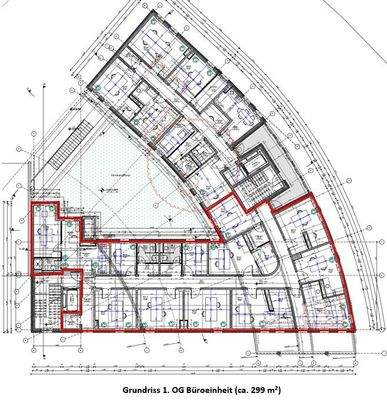Grundriss 1. OG ca. 299 m² rot markiert