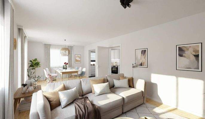 Lichtdurchfluteter Wohnbereich dank bodentiefer Fenster