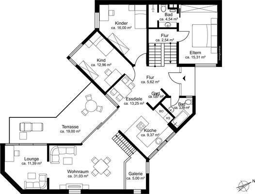 Grundriss Erdgeschoss mit Splitlevel und ca. 126,2
