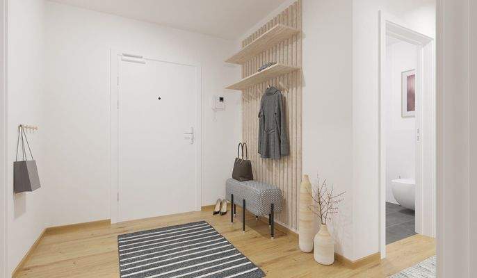 Im Eingangsbereich finden Garderobe und Schuhe ihren Platz