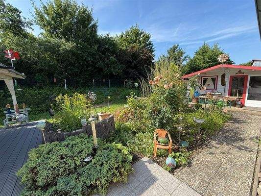 Blick auf Gartenhaus