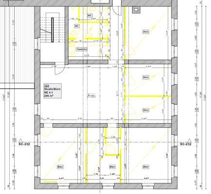 Grundriss 1.OG mit möglicher Aufteilung (gelb)