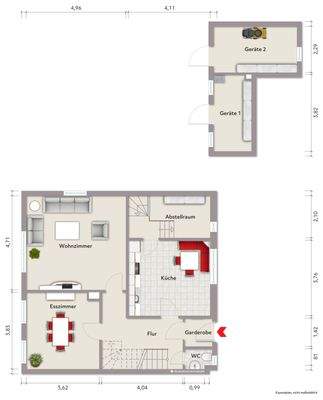 Grundriss Erdgeschoss (nicht maßstabsgerecht, Möblierungsbeispiel)
