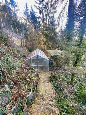 Holzlager und Glasgewächshaus unterhalb der  Gartenterrasse