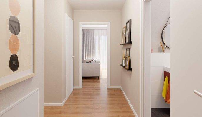 Der Flur mit Blick ins Wohnzimmer