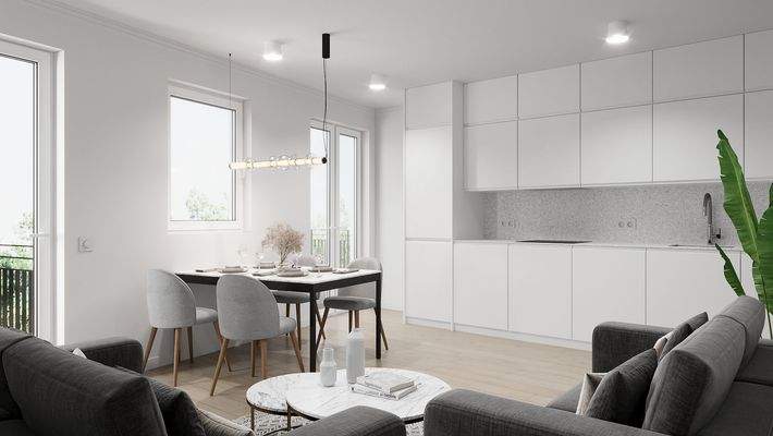 offener Wohn-Essbereich mit Zugang zur Dachterrasse