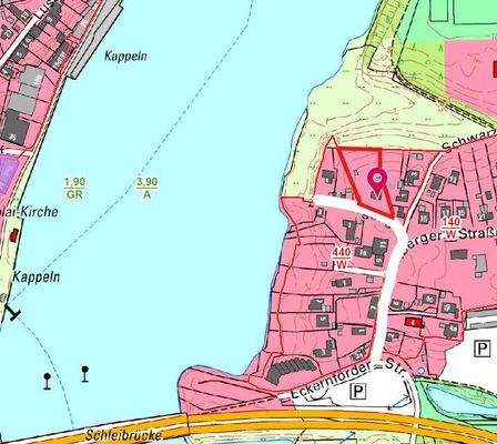 Grundstück rot markiert/direkter Schleiblick