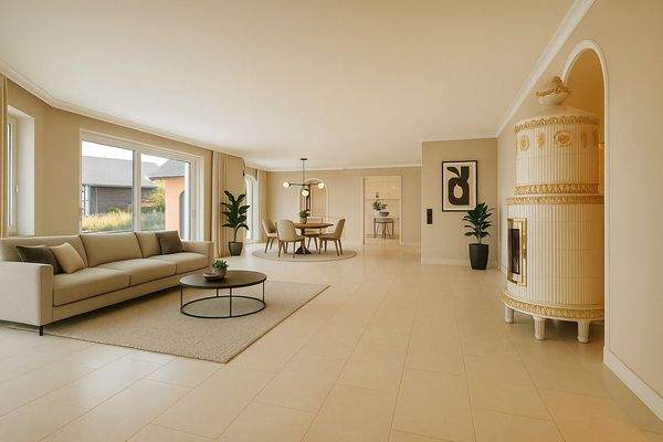 Visualisierung Wohnbereich mit teilsepariertem Essbereich und Kamin 