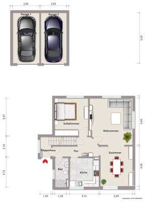 Grundriss Hochparterre (nicht maßstabsgerecht, Möblierungsbeispiel)