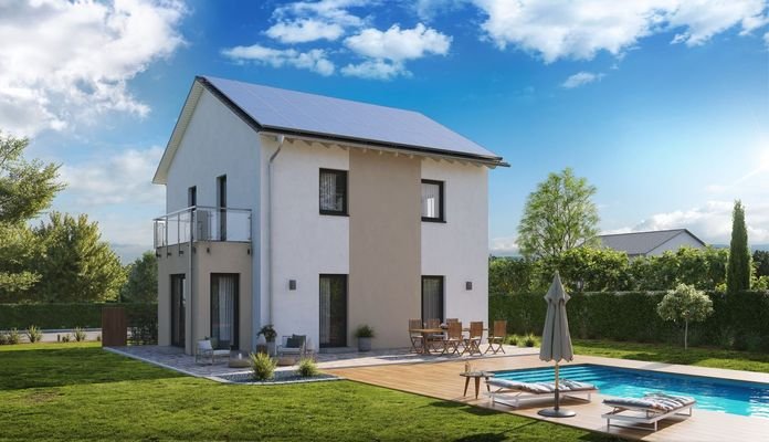  Home Zwei mit Satteldach mit zwei Vollgeschossen Gartenansicht